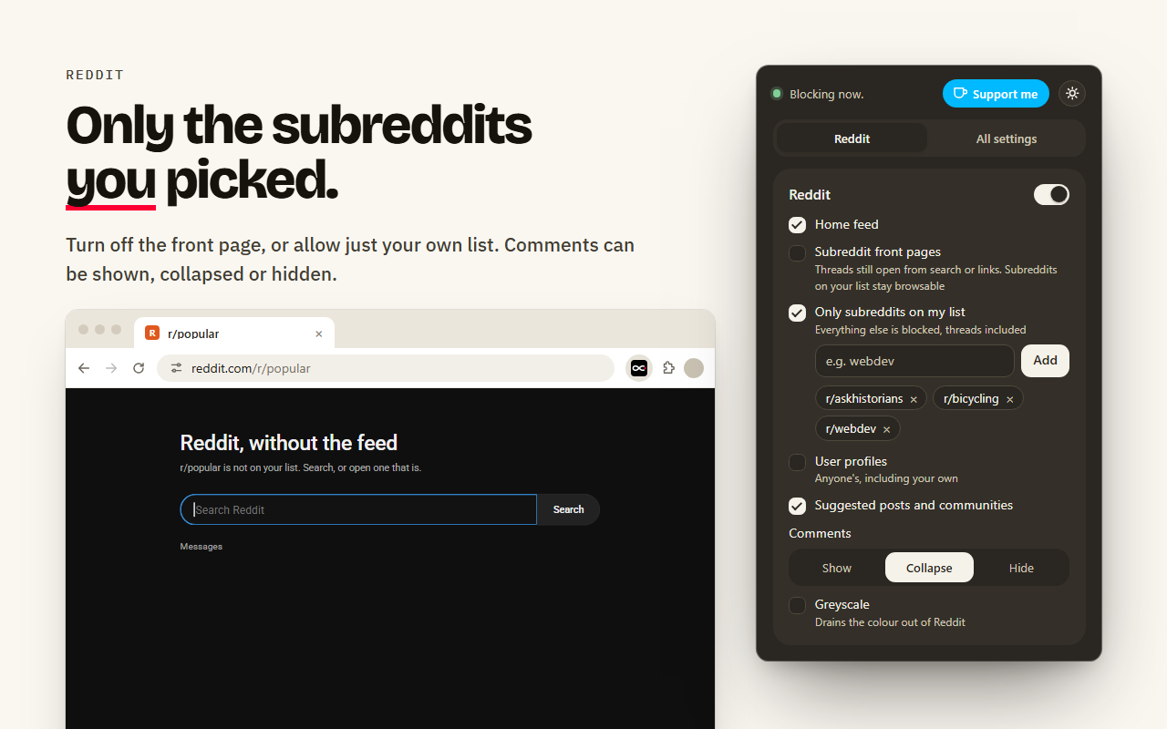 Reddit blocked except for an allow-list of subreddits, shown in the Endwhile popup in dark mode.