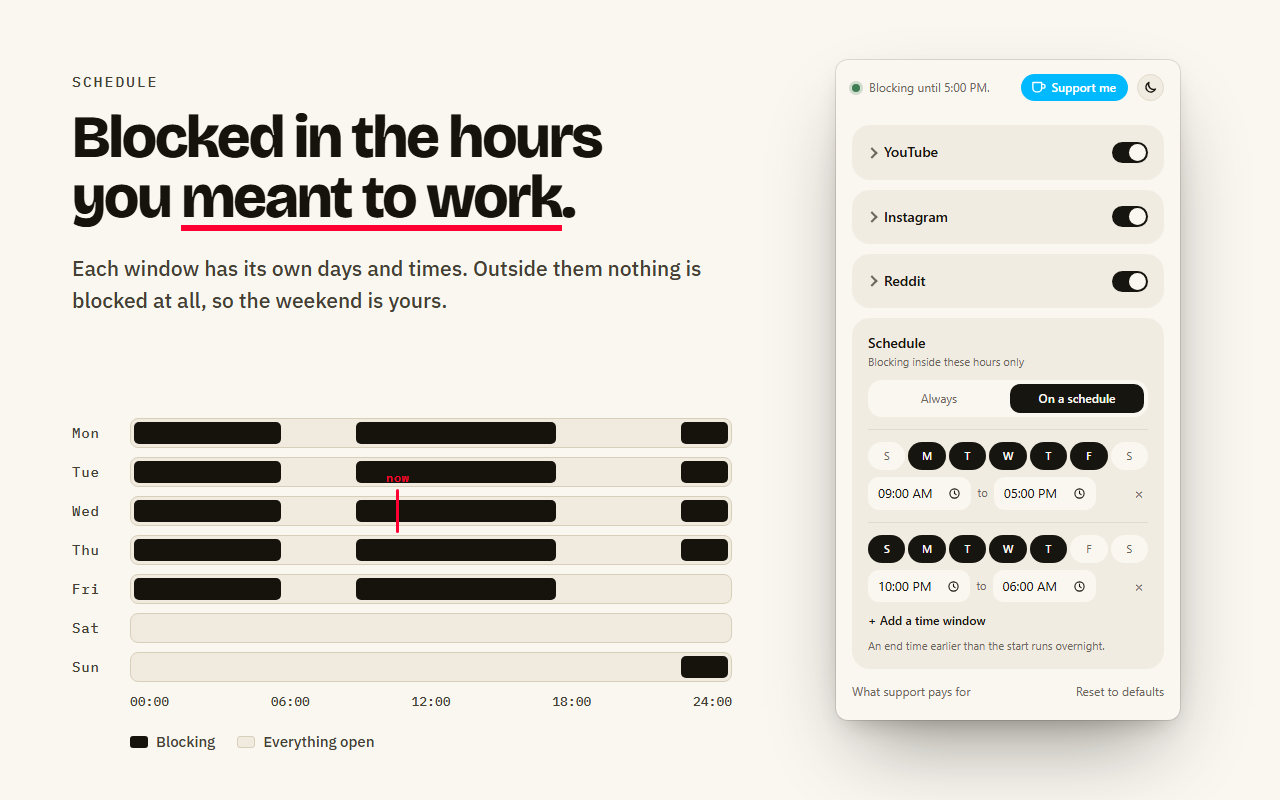 The Endwhile schedule: blocking on weekdays from 9 to 5 and late at night, with weekends free.